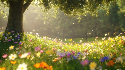 Fototapeta premium A serene landscape filled with colorful flowers under a lush tree.