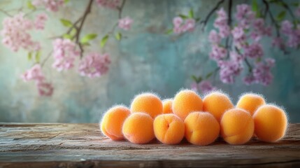 A cluster of fuzzy peaches on a rustic wooden table with a floral backdrop.
