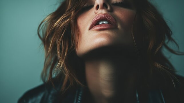 An intimate clip capturing a woman with a sultry expression, emphasizing her lips and jawline in a softly lit ambiance that evokes a sense of allure and confidence.