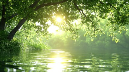 Fototapeta premium Sunlight streams through lush foliage over a tranquil river