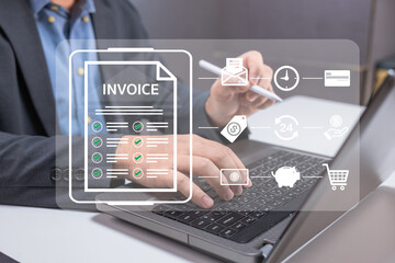Businessman using a laptop to manage digital invoices and online payment processes with virtual icons overlay.