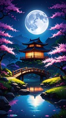 Night scene featuring a Japanese pagoda, arched bridge, full moon, and blossoming cherry trees