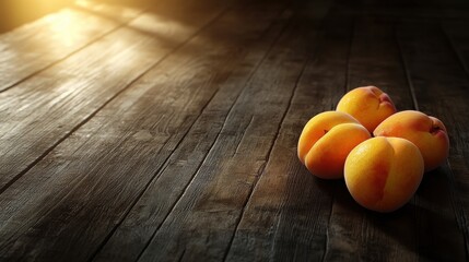 Fresh peaches arranged on a wooden surface, illuminated by natural light.