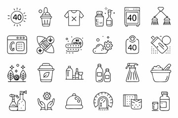 Collection of line icons depicting body washing showering and hand hygiene practices