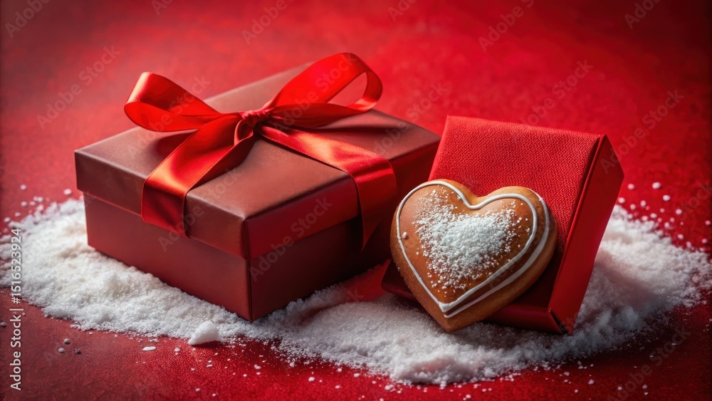 Poster a festive red gift box with a heart-shaped cookie on a snowy red surface