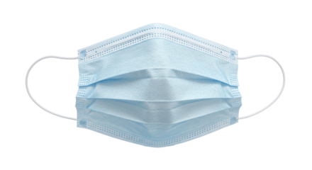 Blue disposable medical face mask with elastic straps isolated on a transparent background