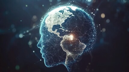 Obraz premium Global interconnectedness depicted as a profile of a person with a world map inside.