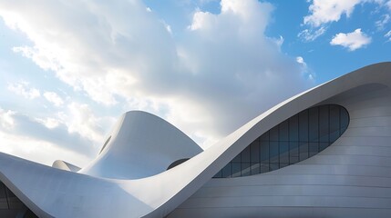 Stunning Modern Architecture vs. Dynamic Blue Cloudy Sky – Sleek Buildings, Clean Lines, Cloud Textures – Ideal for Graphic Design, Wallpaper, Architectural Visuals