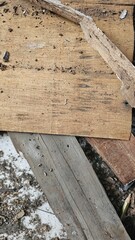 Plywood and fragile wood affected by termites and their debris on the floor.