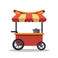 Cartoon Hot Dog Cart Illustration with Red and Yellow Awning, a Classic Street Food Vendor Design