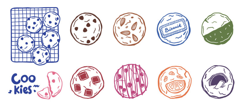 cookies doodle sketch hand drawn icon with different toppings - vector collection