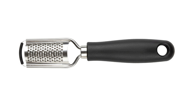 Handheld metal cheese grater with black handle isolated on a transparent background