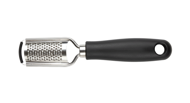 Handheld metal cheese grater with black handle isolated on a transparent background