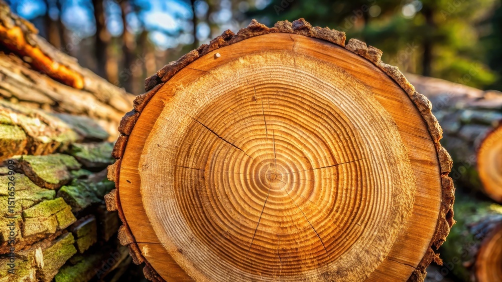 Poster detailed close-up of a cross-sectioned tree trunk revealing growth rings in a forest setting