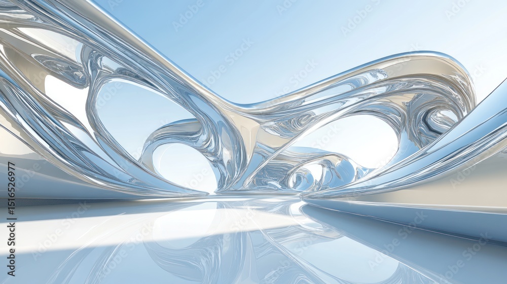 Fototapete abstract silver architectural rendering of a futuristic, organic structure with smooth, flowing line