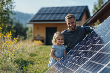 Father and Daughter with Solar Panel Outdoors