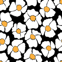 eamless pattern of hand-drawn white flowers with yellow centers on a black background. Minimalist floral pattern for textiles, wallpapers, and fabric prints.