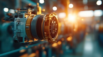 A detailed view of a modern mechanical component within an industrial environment, illustrating precise engineering and design in contemporary machinery and technology.
