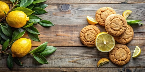 Rustic wooden surface adorned with freshly baked lemon cookies and a vibrant sprig of lemons