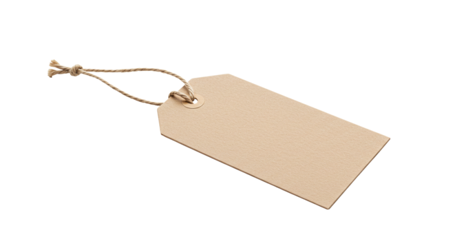 Blank beige tag price label product merchandise. Brown paper gift tag with string tie isolated on a transparent background
