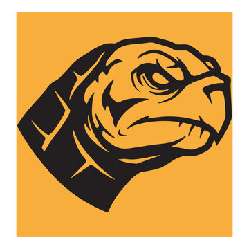 A bold black and yellow silhouette illustration of a turtle head with a focused expression