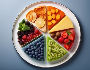 different types of food arranged on white plate forming colorful pie chart promoting healthy eating habits