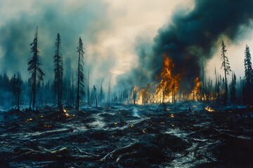 Destructive flames engulf the forest, transforming nature into a scene of devastation and despair during wildfire season