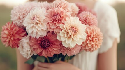 A stunning bouquet of soft pink dahlias elegantly held, displaying their lush petals and delicate beauty, perfect for conveying warmth, love, and appreciation in any setting.