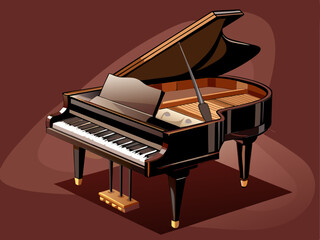 Fototapeta premium A professional vector of a black grand piano on a solid dark brown background, elegant and detailed