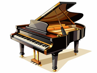 A high-quality vector illustration of a classic grand piano with an open lid and visible keys, isolated on a white background