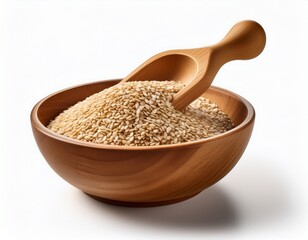 wooden bowl sesame seeds scoop white background high resolution stock photo