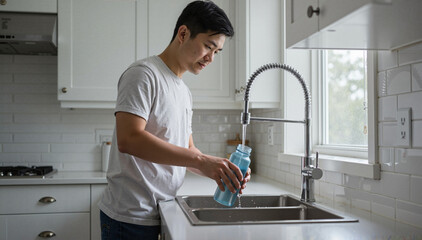 Asian man filling water bottle at kitchen sink in natural light