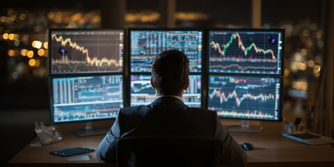 Business leader looking at declining stock charts on multiple monitors in a dimly lit office.