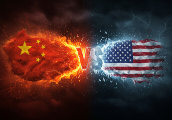China versus united states trade war and political conflict concept with flags and fire and ice effect us china international global trade war