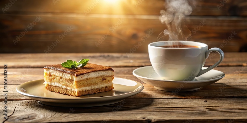 Poster a delectable piece of layered dessert, adorned with a sprig of fresh herb, rests on a plate beside a