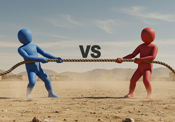 Tug of war competition blue versus red team challenge strength contest pulling rope in desert landscape us china international global trade war