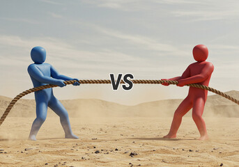 Blue vs red tug of war competition in desert landscape strong rivalry strength challenge determination us china international global trade war