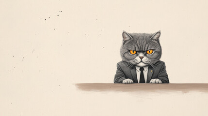 A humorous illustration of a cat in a business suit, exuding confidence and charm, perfect for lighthearted themes in business.