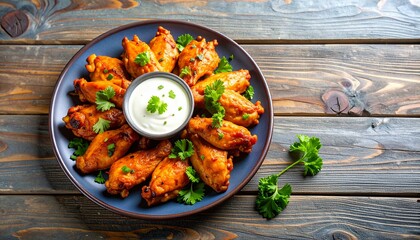 Delicious Plate of Buffalo Chicken Wings with Blue Cheese Dressing with Space for Copy