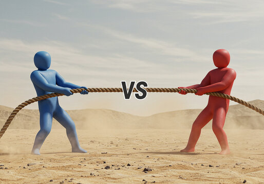 Blue vs red tug of war competition in desert landscape strong rivalry strength challenge determination us china international global trade war - Powered by Adobe