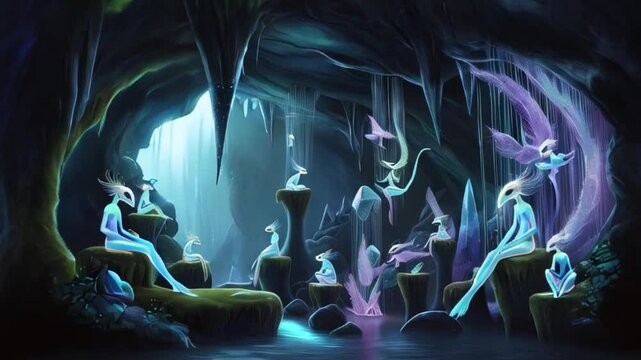 enchanted cave creatures gathering created with generative ai