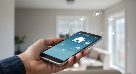 Smart home control on smartphone with connected icons in a modern interior