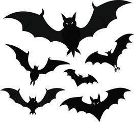 Halloween Silhouettes Vector Set – Ghosts, Witches, Pumpkins, Spooky Halloween Icons – Ghost, Bat, Witch Hat, Scary Pumpkin and Witch Flying, Witch, Cat, and Cauldron