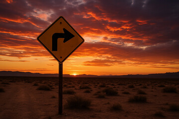 Yellow sign with a black arrow pointing to the right is standing in a