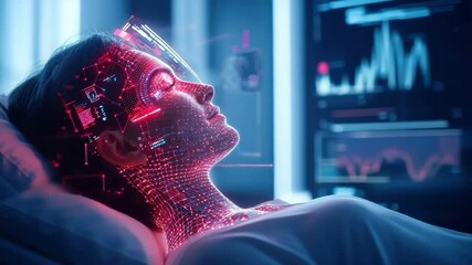 Futuristic woman lying bed with digital face scan, glowing red hologram interface, advanced technology, artificial intelligence, data analysis, and modern healthcare concept, featuring woman - Powered by Adobe