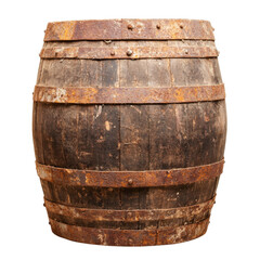 Fototapeta premium Vintage oak barrel with metal hoops, showcasing weathered wood and rustic charm, perfect for decor or storage