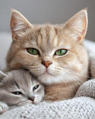 Two adorable cats snuggle together on a cozy blanket, showcasing their unique fur patterns and vibrant green eyes.