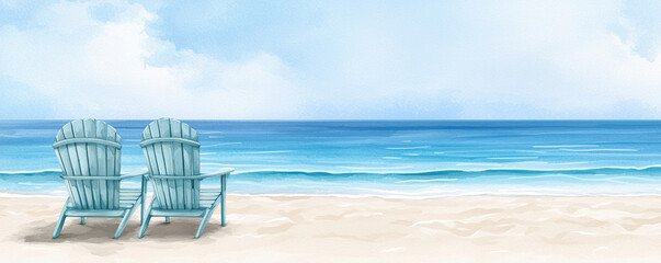 Tranquil beach scene with two blue chairs overlooking a calm ocean, ideal for relaxation and vacation imagery.