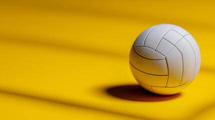 Close-up of white volleyball resting on vibrant yellow background with shadow, ideal for sports branding, minimal posters and summer athletic visuals