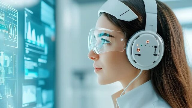 Futuristic woman scientist using smart glasses and headphones interacts with digital interface, analyzing data in high tech laboratory, focused on innovation and advanced technology - Powered by Adobe